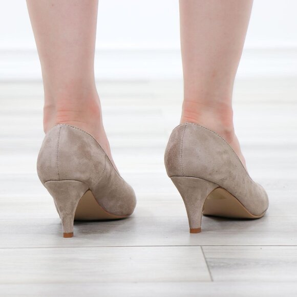 Taupe Suede Round Toe Kitten Low Heel Pumps - Picture 7 of 13